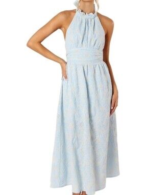 Petal & Pup Taila Halterneck Midi Dress Blue 6 NEW Floral Eyelet Embroidered